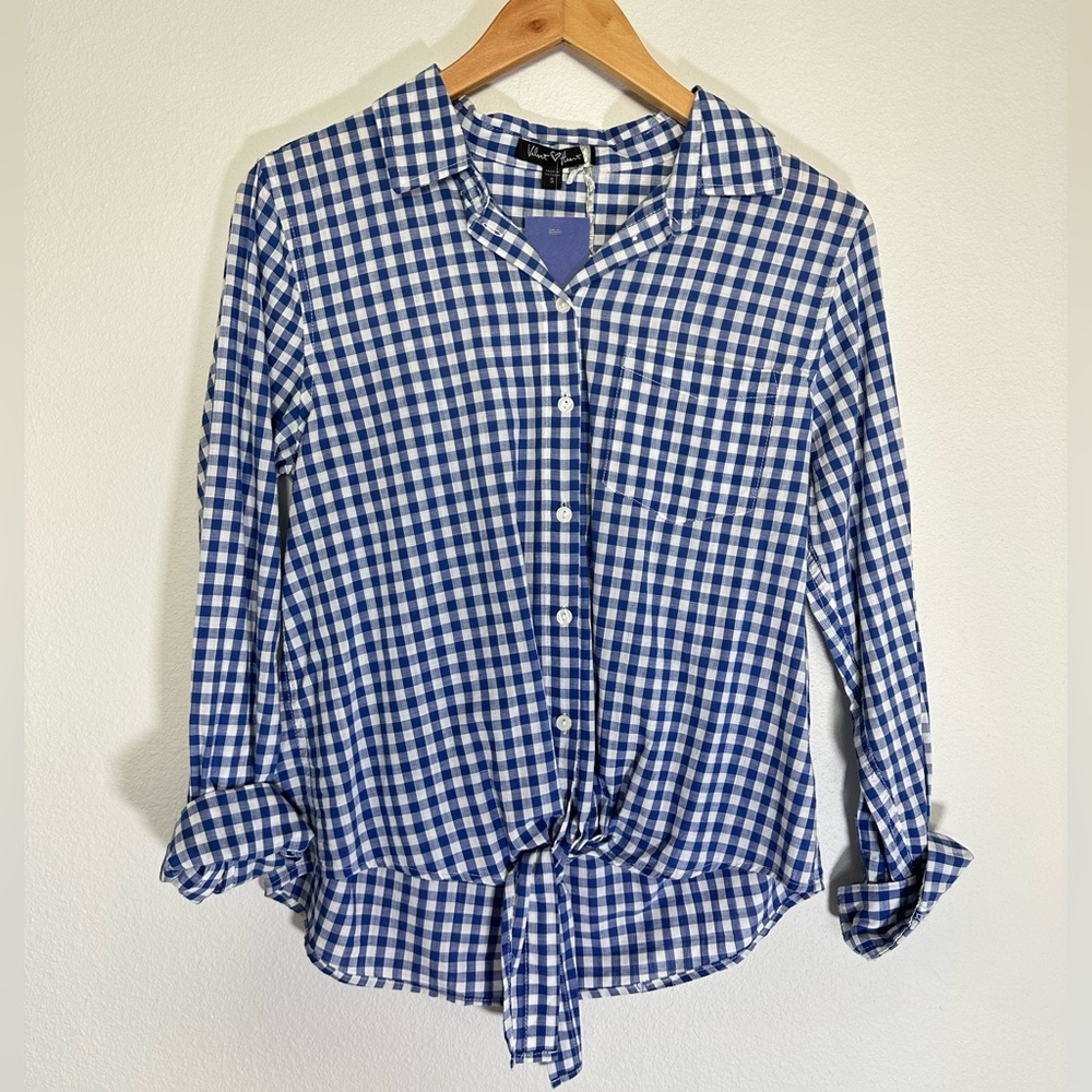 Blue checkered button down with tie at bottom